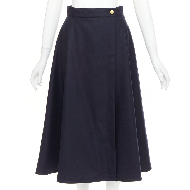 CELINE navy wool felt gold crest button wrap high waist midi skirt FR36 S