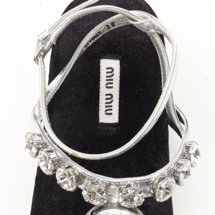 MIU MIU large rhinestone crystal metallic silver velvet flat sandals EU36