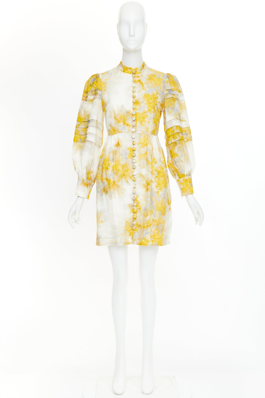 ZIMMERMANN 2021 Botanica yellow grey linen Wattle floral puff sleeve dress Sz1 S