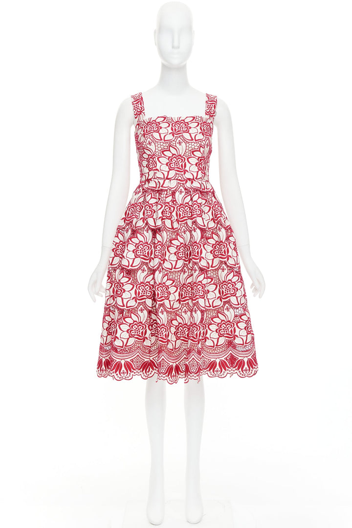 DOLCE GABBANA 2021 red cream floral embroidery anglais flared sun dress IT38 XS
