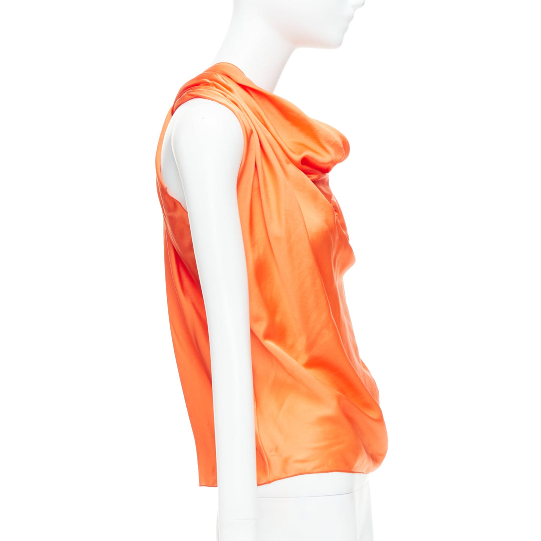 LANVIN 2010 tangerine orange 100% silk cowl neck draped top FR36 S