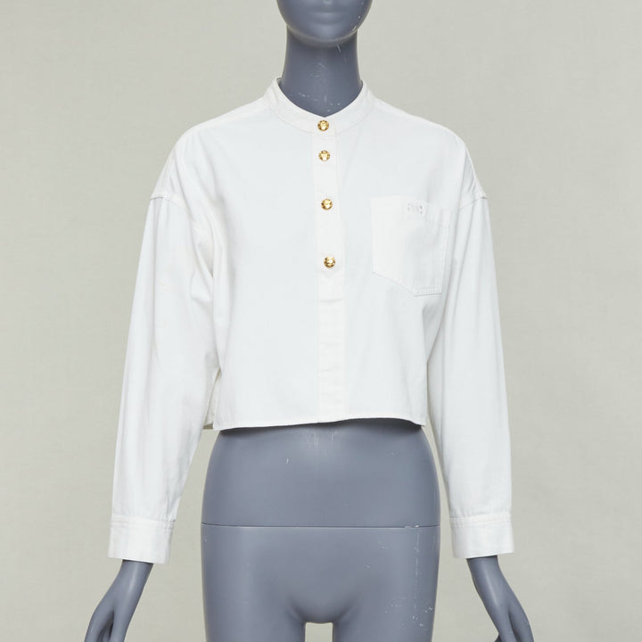 CELINE Triomphe optic white cotton anagram gold button crop popover shirt FR36 S