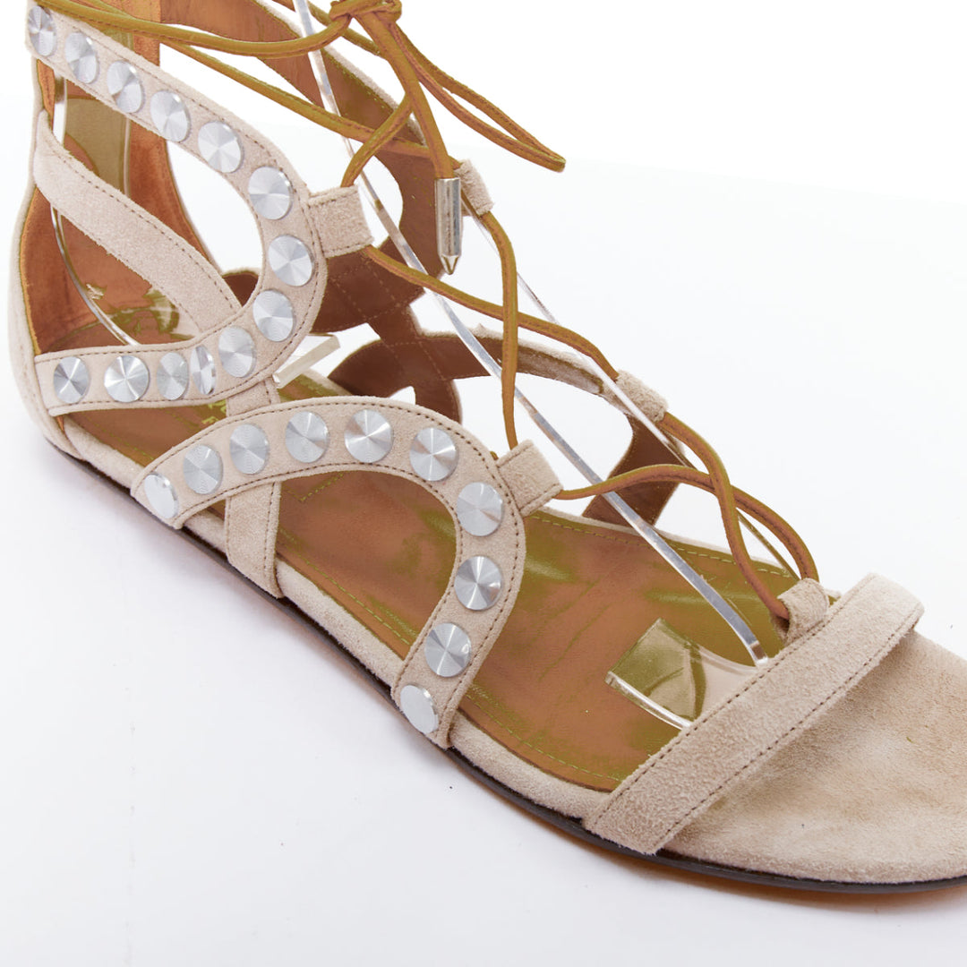 AQUAZZURA beige leather silver disc studded gladiator sandals EU36