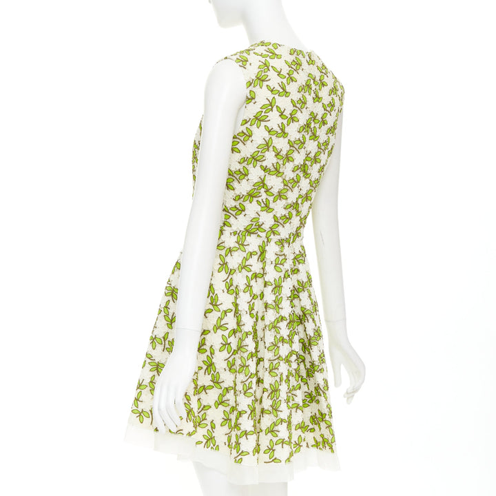 GIAMBATTISTA VALLI ivory green floral leaf embroidery anglais dress IT44 M