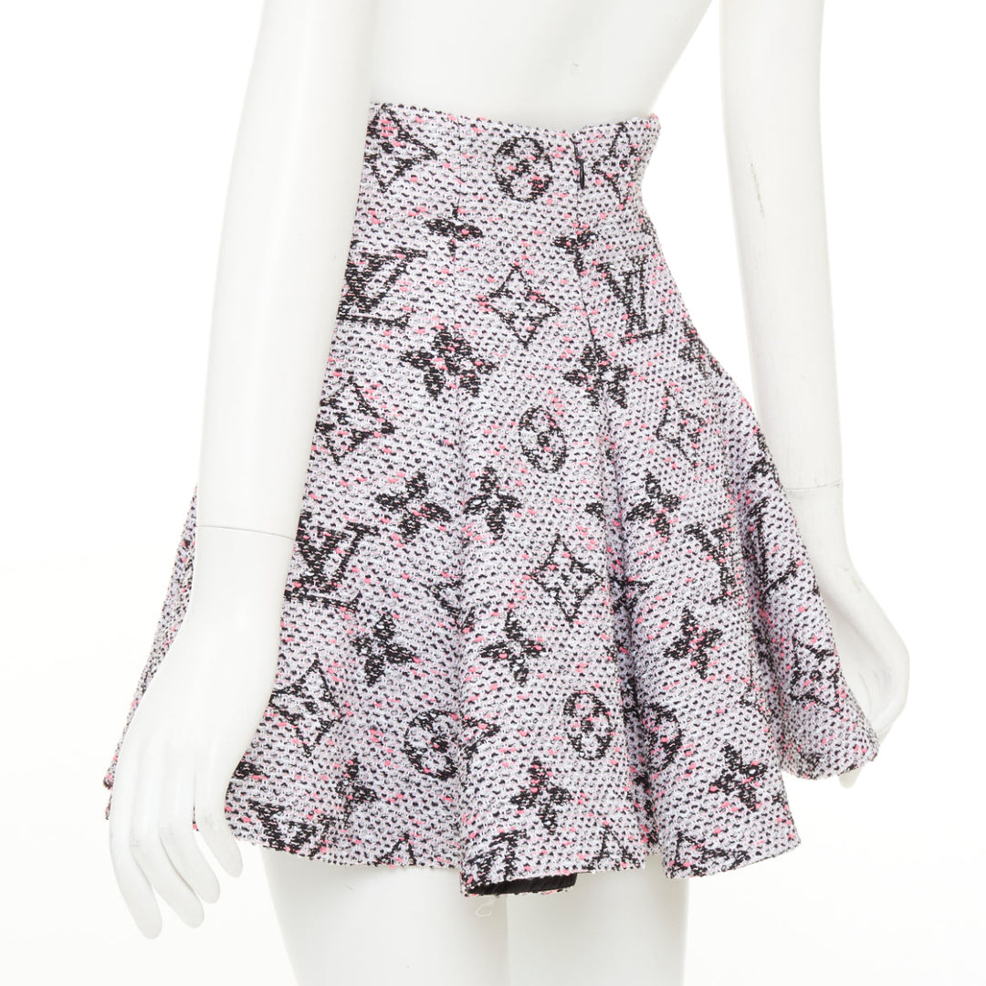 LOUIS VUITTON Monogram Tweed Pleated Circle pink black flared skirt FR34 XXS
