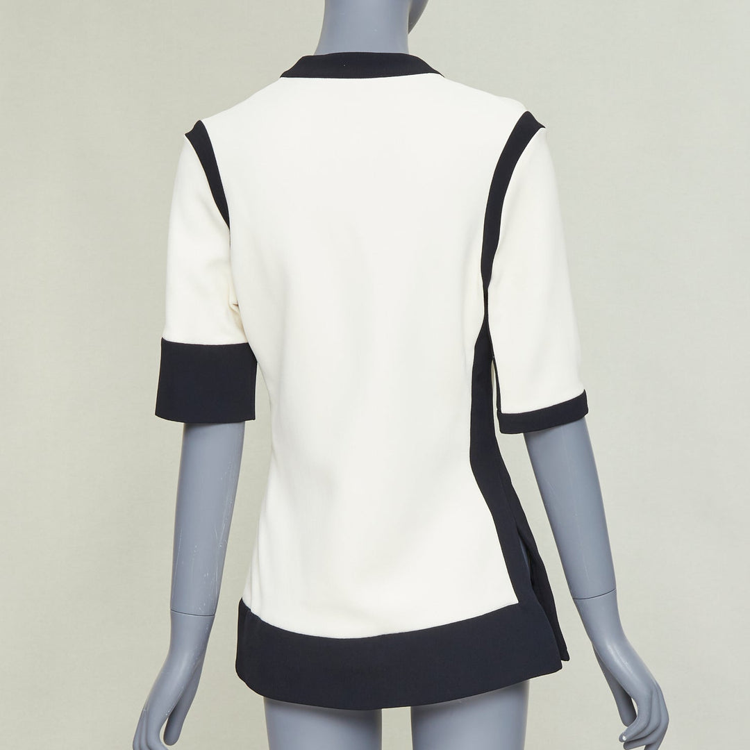 BALENCIAGA 2015 cream black rayon blend colorblock V neck button top FR38 M