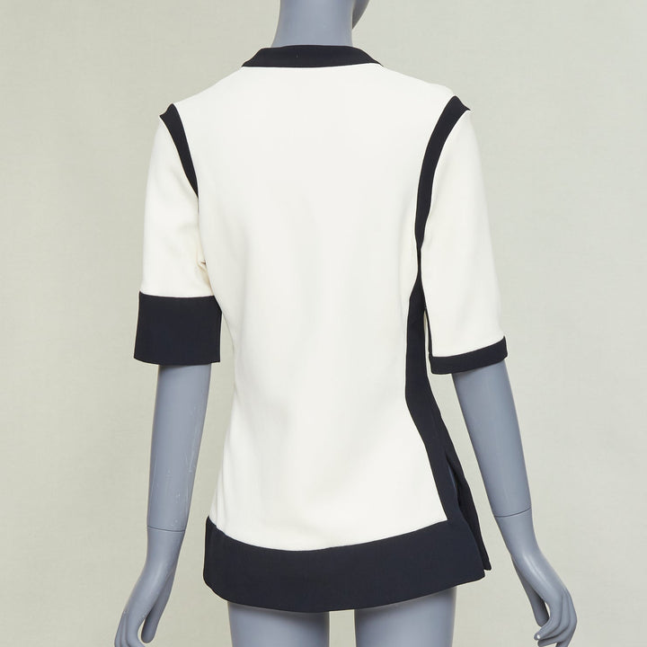 BALENCIAGA 2015 cream black rayon blend colorblock V neck button top FR38 M