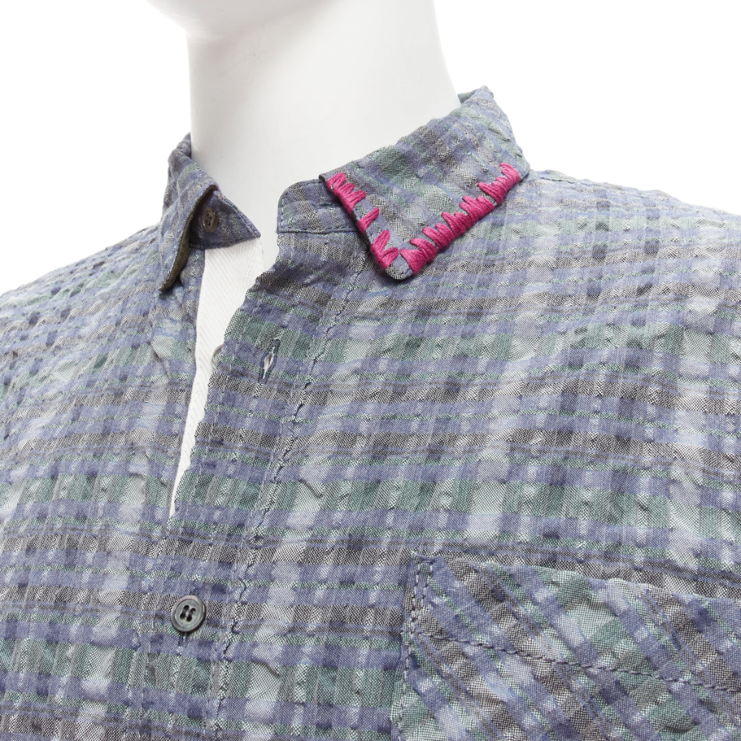 SACAI 2017 green grey crinkle fabric pink topstitch worker shirt top JP3 L