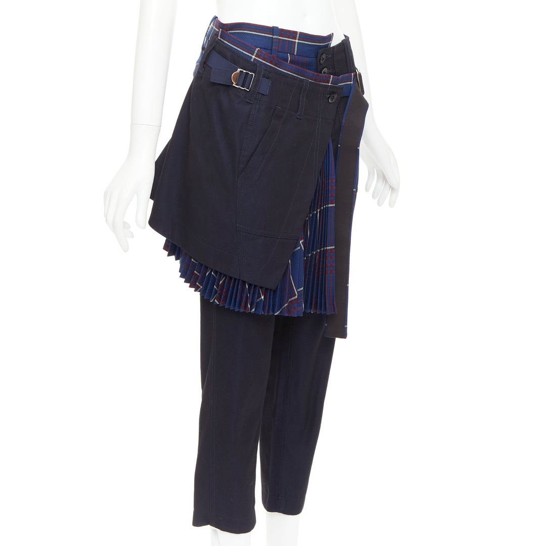 SACAI 2018 navy red cotton wool plaid kilt deconstructed cropped pants JP1 S