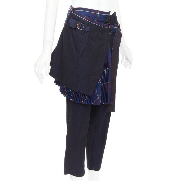 SACAI 2018 navy red cotton wool plaid kilt deconstructed cropped pants JP1 S