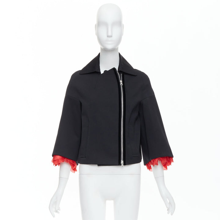 KEITA MARUYAMA black wool blend red petal cuffs flare biker jacket JP2 M