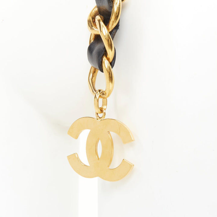 rare CHANEL 1993 Vintage Spell Out logo black leather interwoven gold chain belt
