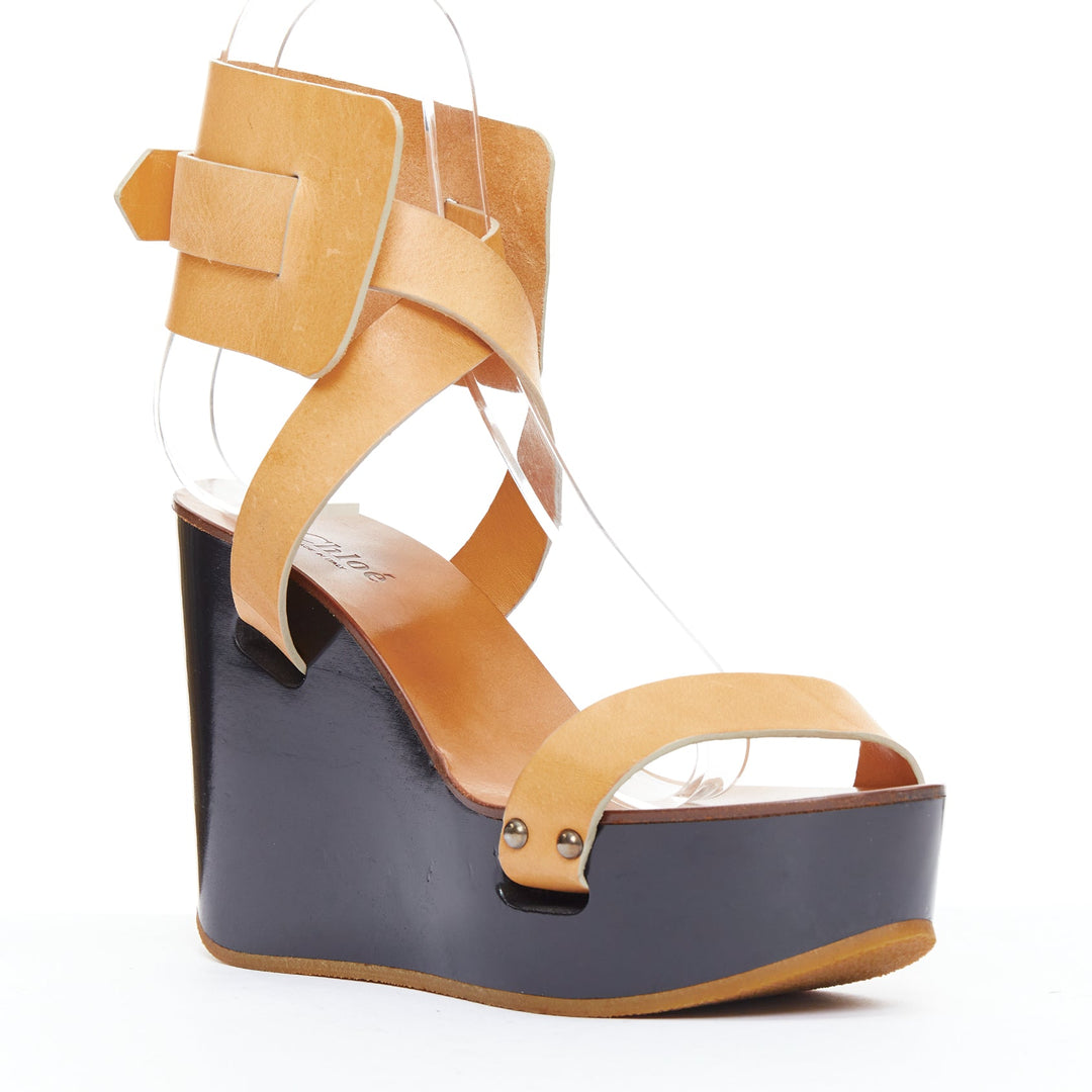 CHLOE tan leather black wooden strappy wedge clog sandals EU36