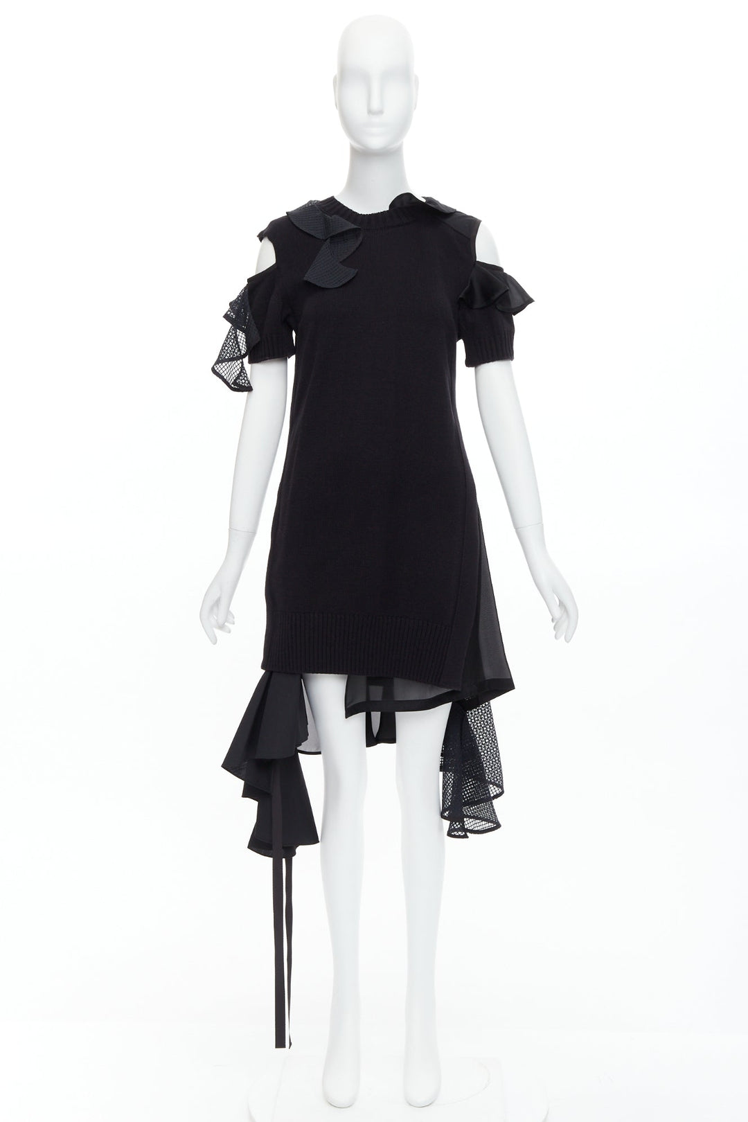 SACAI 2018 black cotton blend asymmetric ruffle hi low knitted dress JP1 S