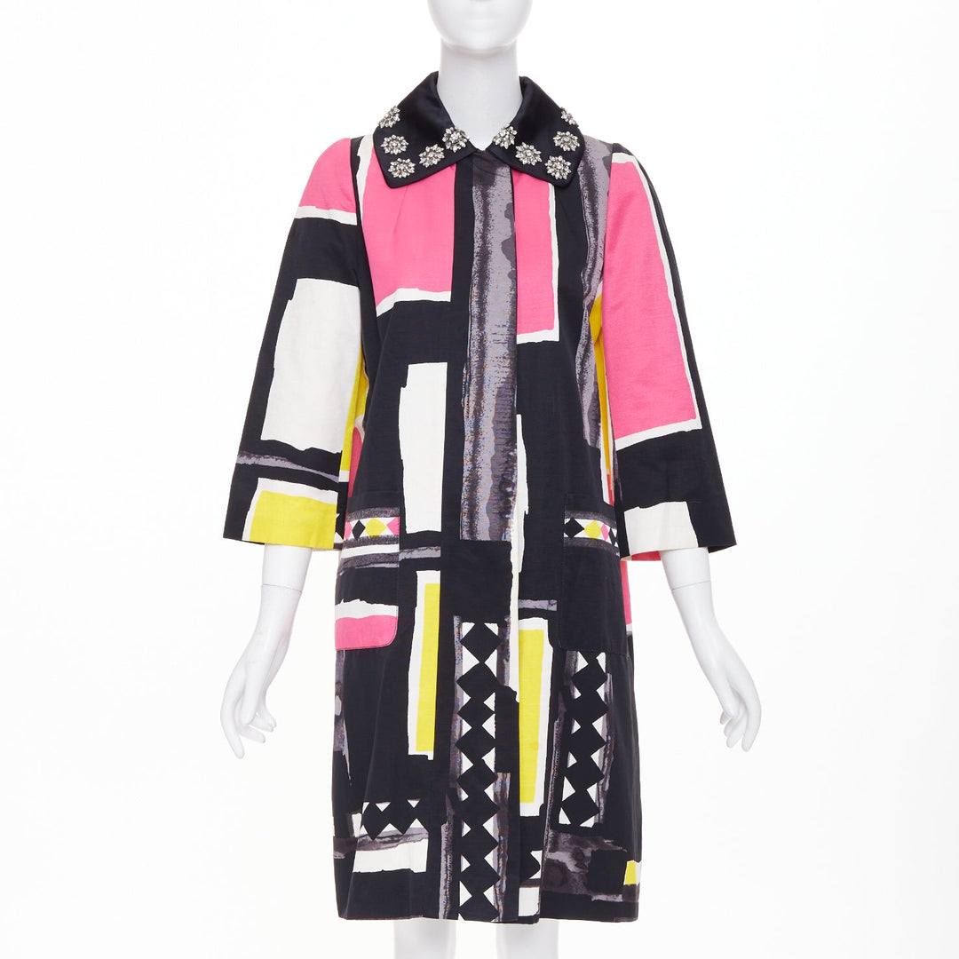 KENZO Defile vintage pink yellow black abstract crystal collar coat FR42 XL