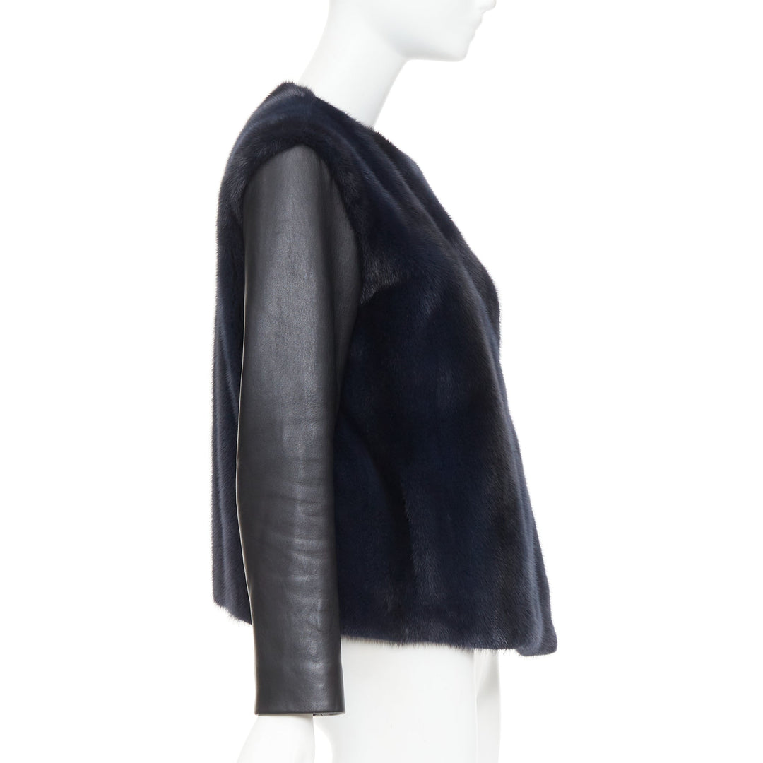 CHRISTIAN DIOR navy natural fur black soft leather sleeve silk lined jacket