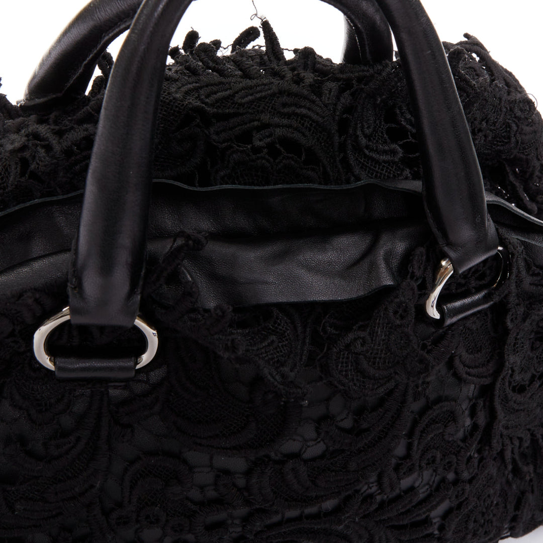 PRADA 2008 Lace Pizzo S Bowler black lace overlay leather silver zip bag