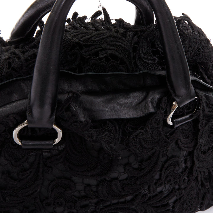 PRADA 2008 Lace Pizzo S Bowler black lace overlay leather silver zip bag