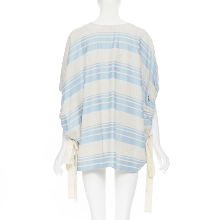 LEE MATTHEWS light grey blue striped linen cotton drawstring poncho top US0 XS