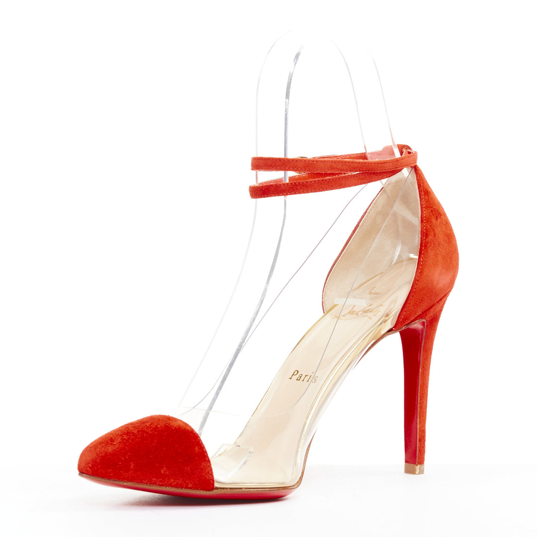 CHRISTIAN LOUBOUTIN Un Bout 100 Veau Velours mandarin red PVC pump EU37.5