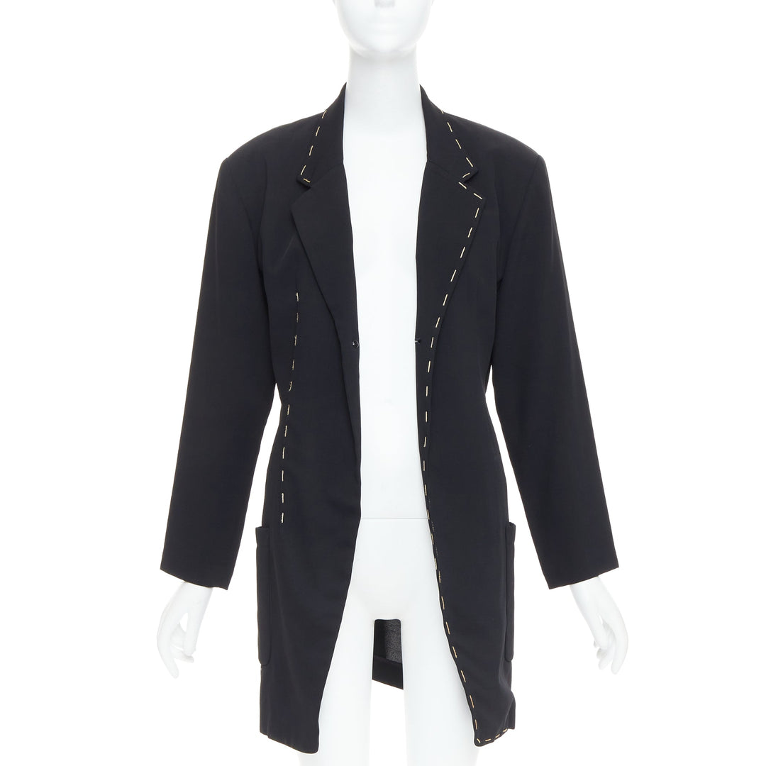 YOHJI YAMAMOTO black wool blend handstitched detail long blazer coat S