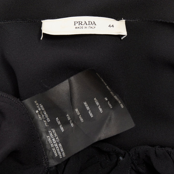 PRADA Vintage black silk ruched ruffle front V neck dress IT44 L