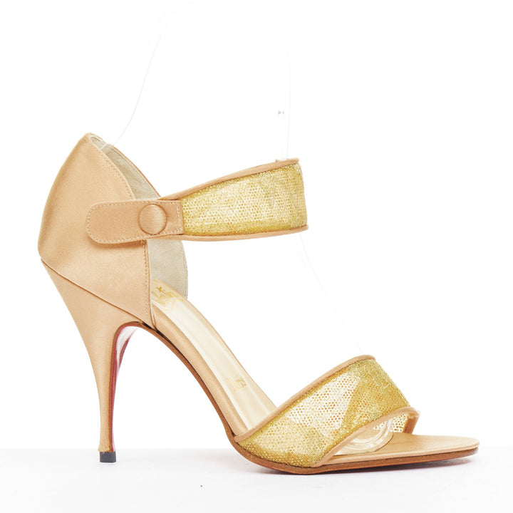CHRISTIAN LOUBOUTIN 2011 gold lace nude satin trim straps cone sandals EU37.5