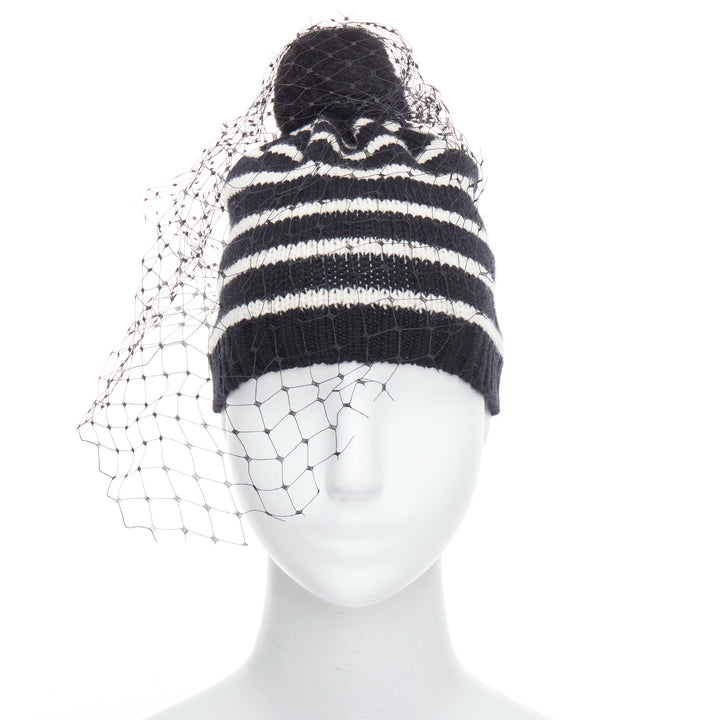 BERNSTOCK SPEIRS 100% cashmere black white striped veil beanie