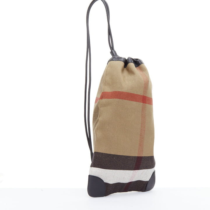 BURBERRY House Check cotton canvas leather trim sling backpack