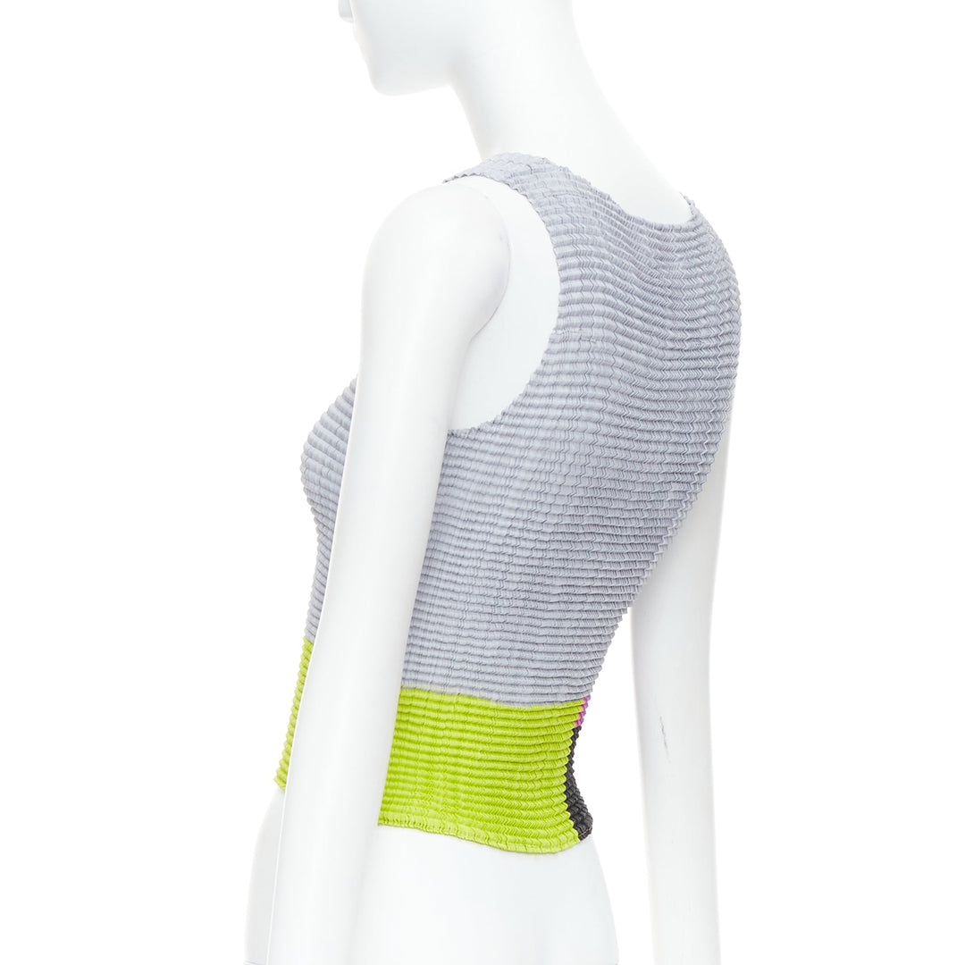 ISSEY MIYAKE neon green pink grey colorblock pleated tank top M