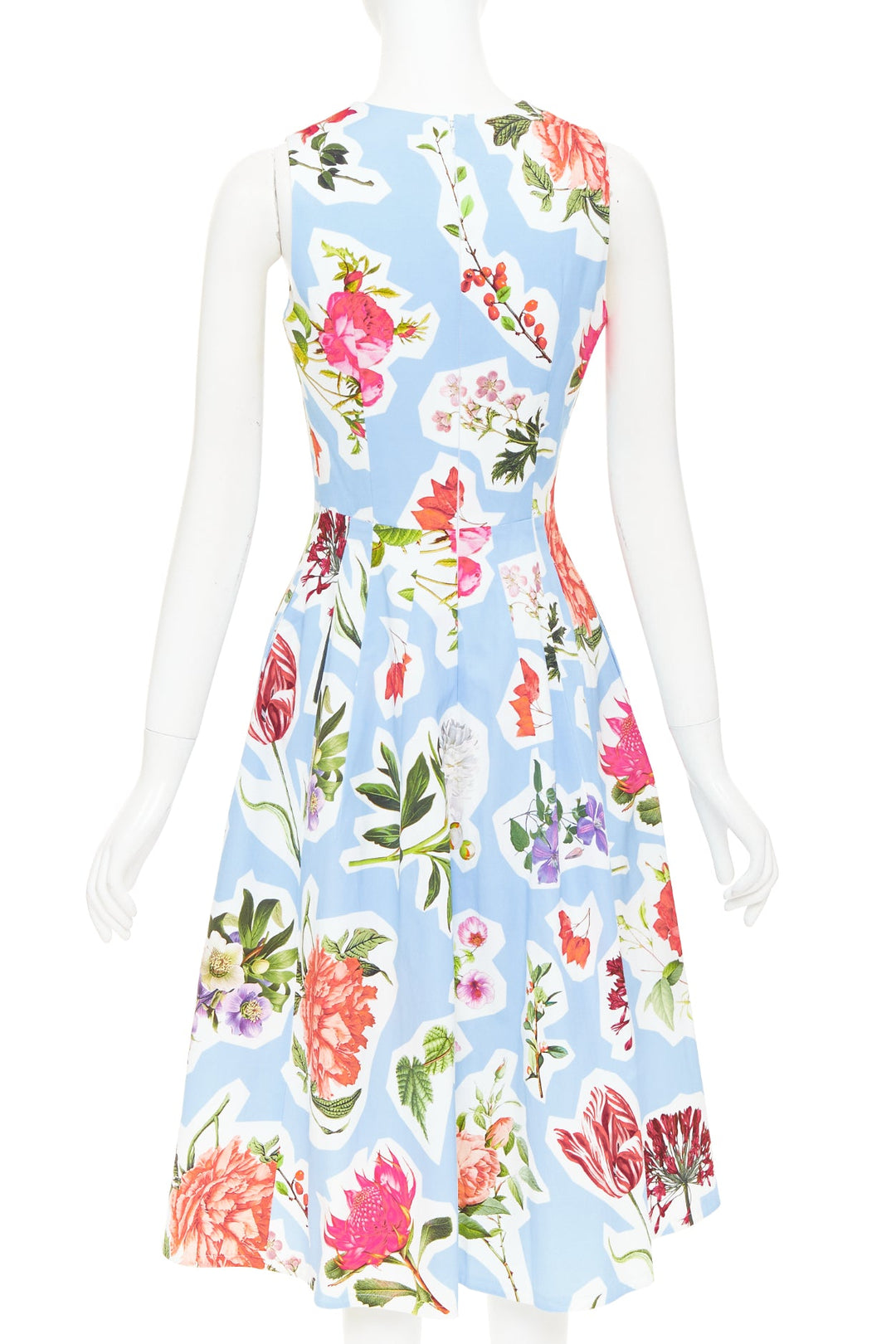 CAROLINA HERRERA light blue floral collage print sleeveless faille dress US4 S