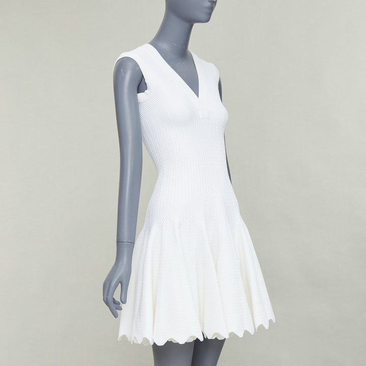 ALAIA cream viscose knit V neck sleeveless scalloped hem fit flare dress FR36 S