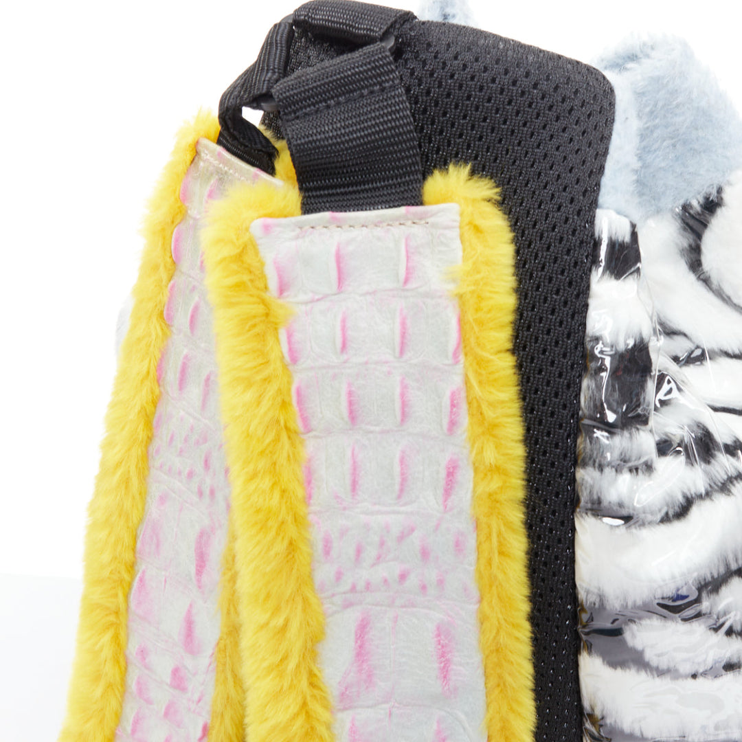 NASIR MAZHAR black white blue yellow faux fur logo tape backpack