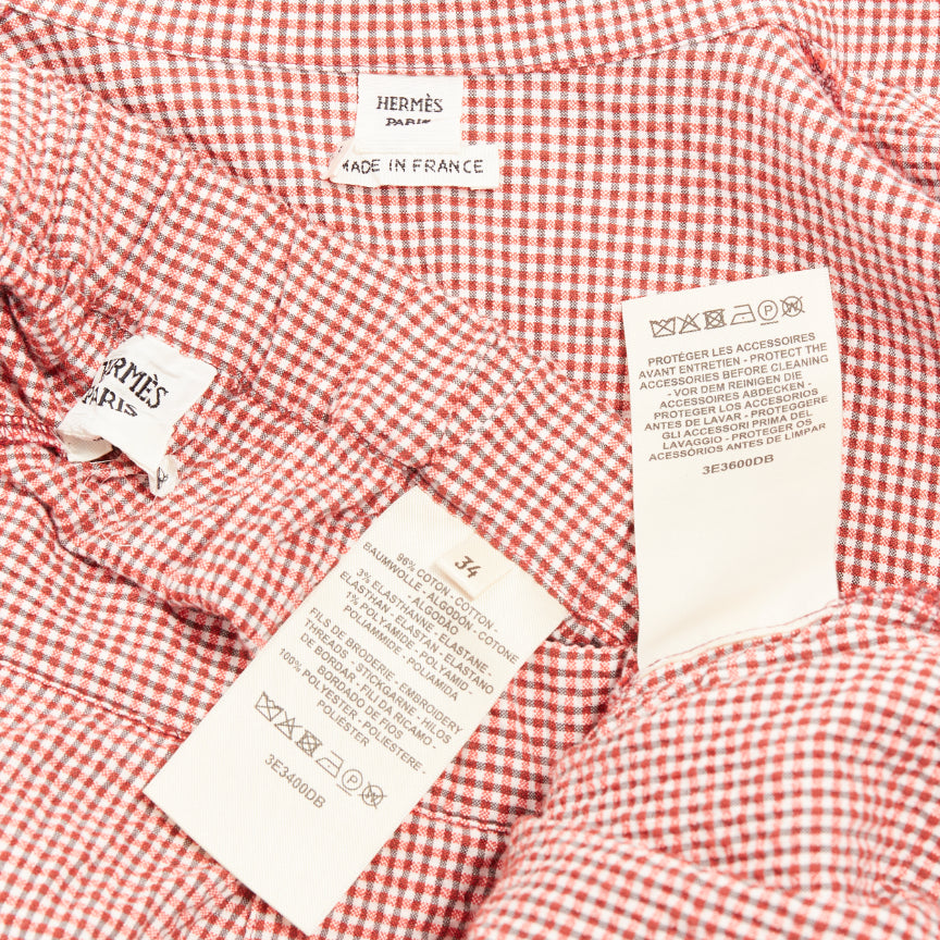 HERMES Sur La Pouce red gingham embroidered pajama shirt shorts set FR34 XS