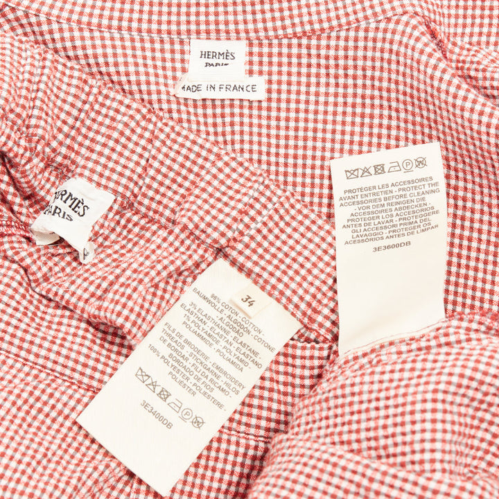HERMES Sur La Pouce red gingham embroidered pajama shirt shorts set FR34 XS