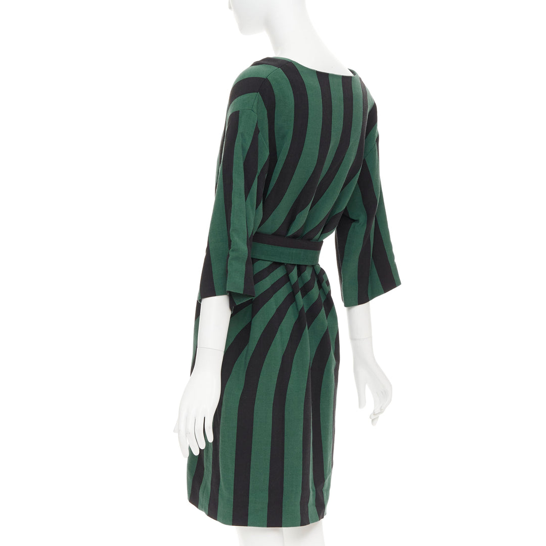 DRIES VAN NOTEN 2017 green black swirl stripes graphic belted dress FR42 XL