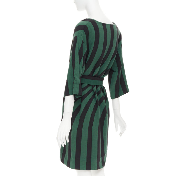 DRIES VAN NOTEN 2017 green black swirl stripes graphic belted dress FR42 XL
