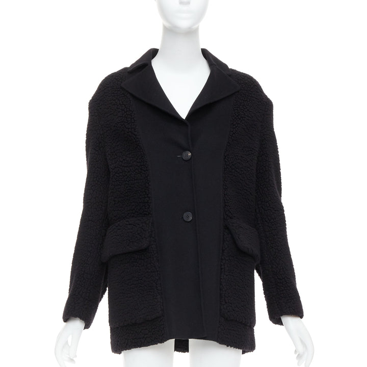 DIOR 100% cashmere black teddy textured pocketed coat FR34 XS