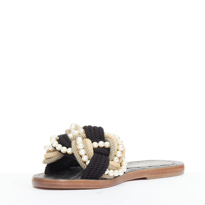 CHANEL 2017 Cuba black cream rope pearl twist slipper sandals EU38