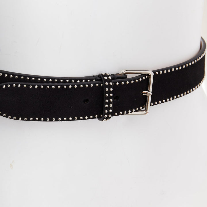 ALAIA black suede leather silver mini dome studded buckled belt 65cm