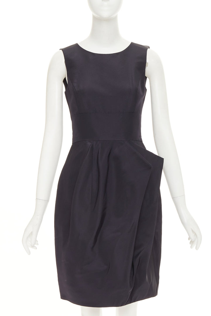 OSCAR DE LA RENTA R015 pleated side tulip skirt navy silk faille dress US0 XXS