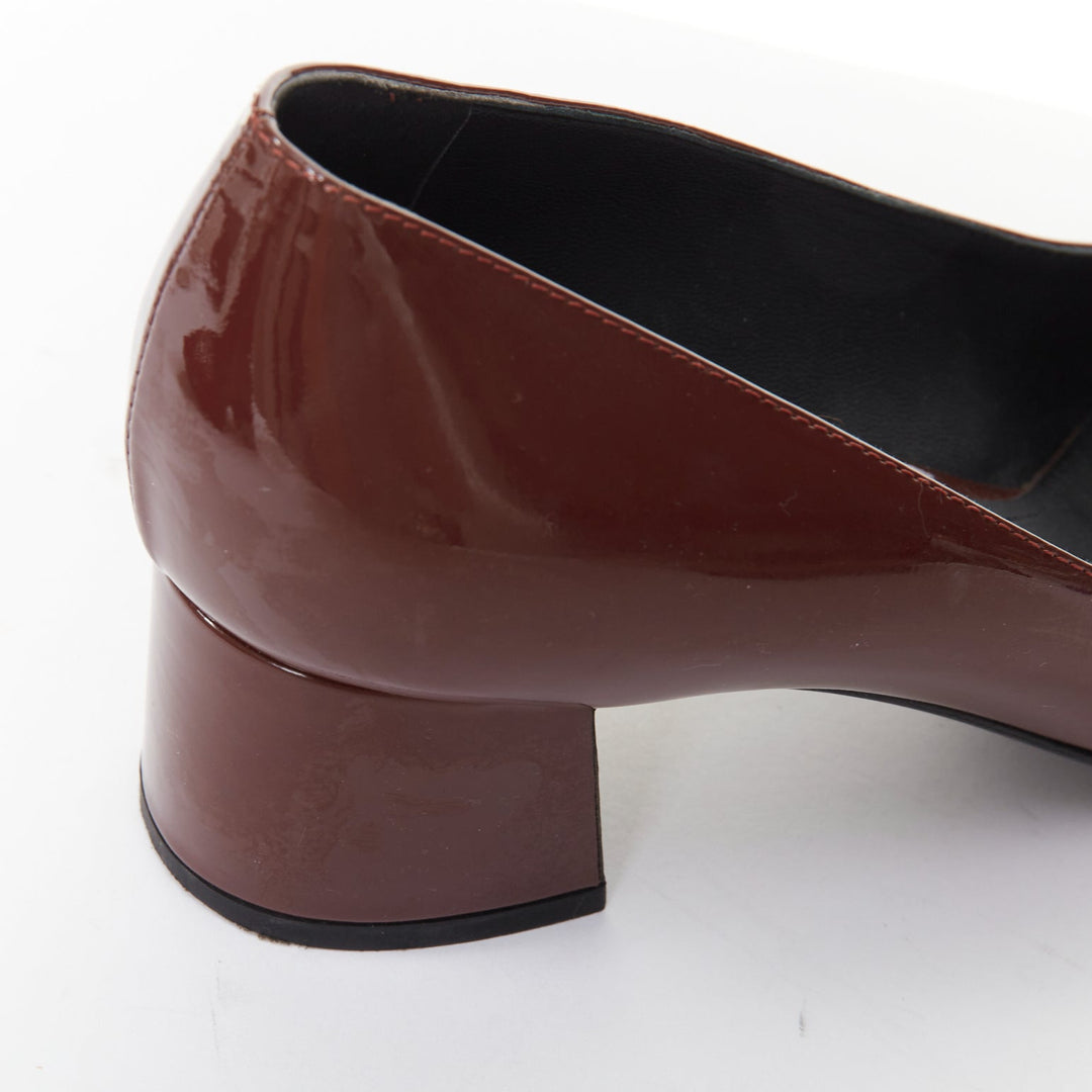 BOTTEGA VENETA burgundy patent leather intrecciato square toe block pumps EU37