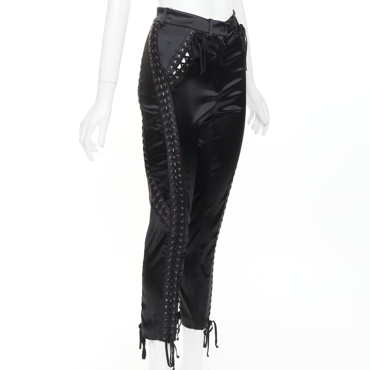 DOLCE GABBANA black satin eyelet corset lace detail cropped skinny pants IT38 XS