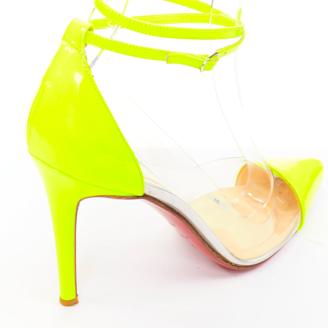 CHRISTIAN LOUBOUTIN Un Bout 100 Fluo Chic yellow patent PVC pointy pumps EU37