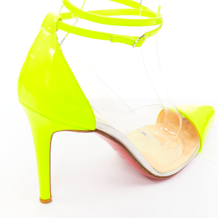 CHRISTIAN LOUBOUTIN Un Bout 100 Fluo Chic yellow patent PVC pointy pumps EU37