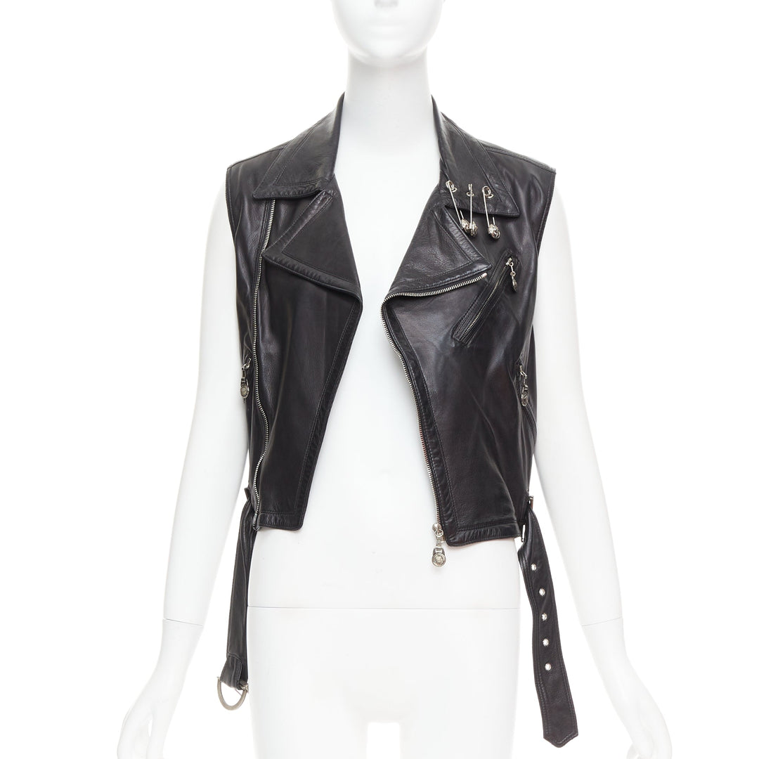 GIANNI VERSACE 1994 Vintage leather medusa safety pin biker vest IT38 XS