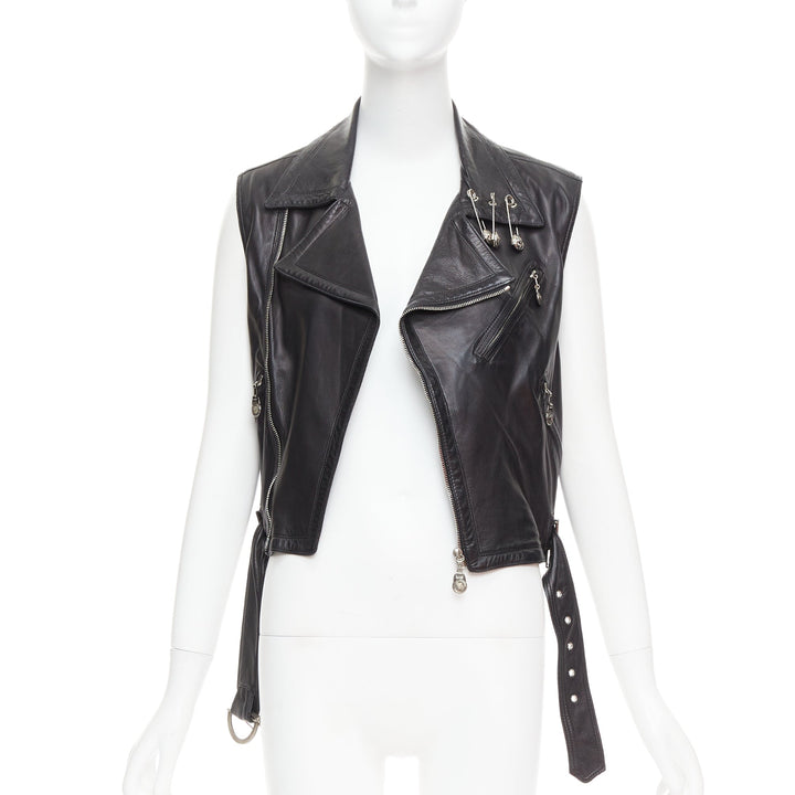 GIANNI VERSACE 1994 Vintage leather medusa safety pin biker vest IT38 XS