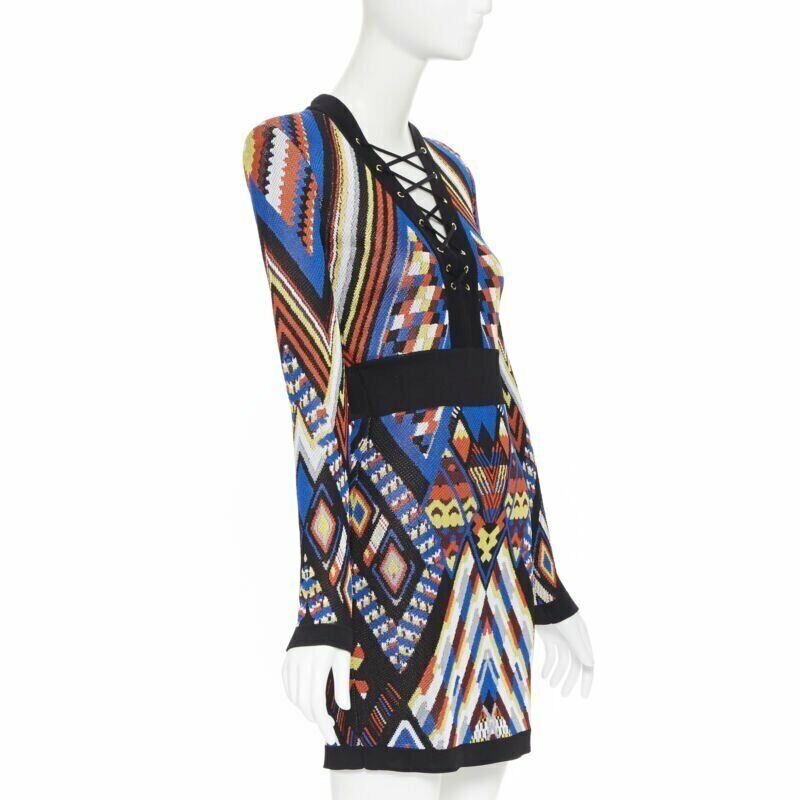 BALMAIN ethnic tribal knitted lace V-neck bodycon mini dress FR38 M