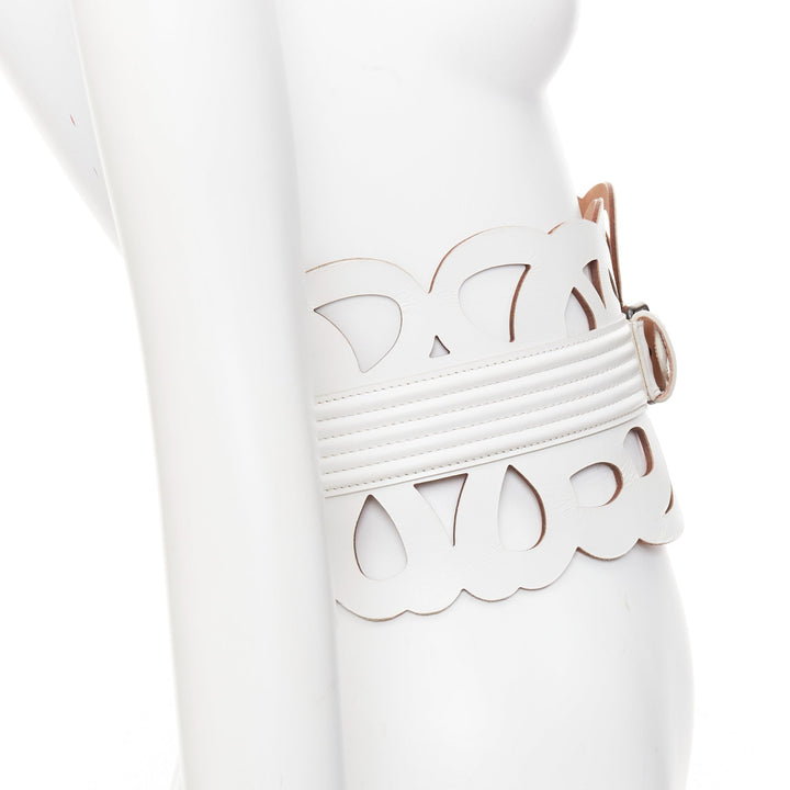 ALAIA  white leather romantic swirl laser cut out corset wide belt 65cm