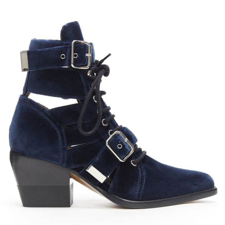 CHLOE Rylee blue velvet buckle strap lace up cut out ankle boots EU37